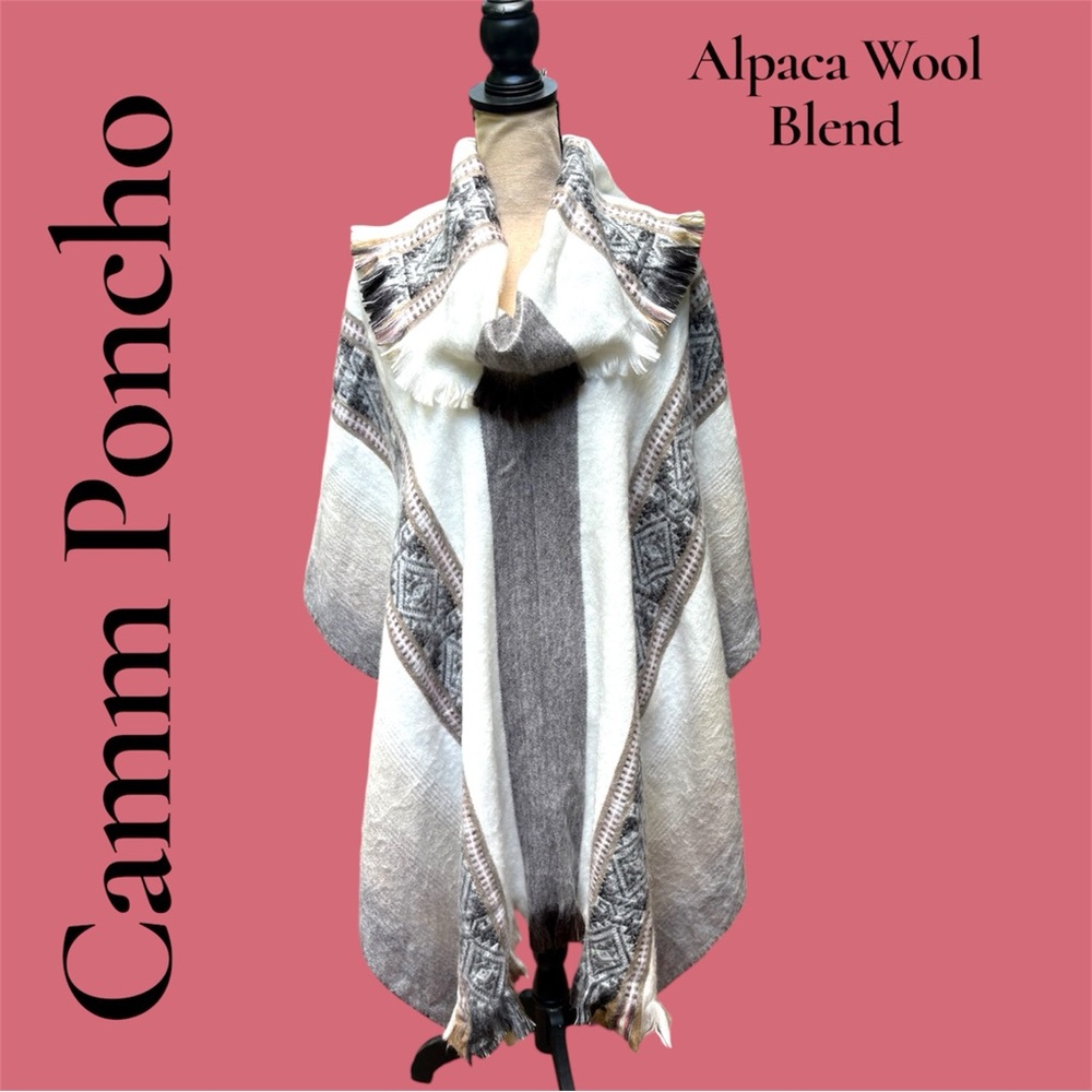 Camm Poncho Alpaca Wool Blend Womens Cream/Gray/Tan/Black. So Soft! EUC